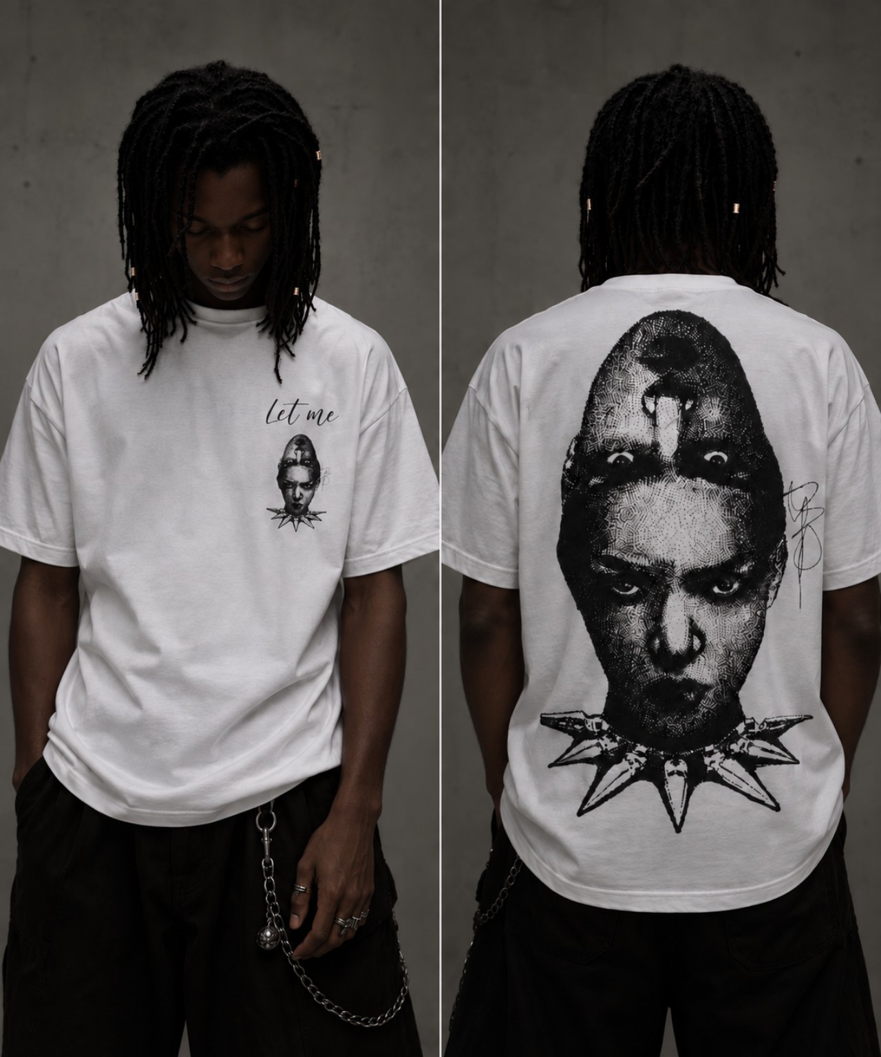 Front and back of the Let me t-shirt